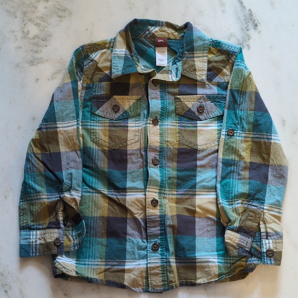 Tea Collection Boys Plaid Button Down Shirt Size 5 Cotton